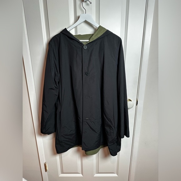 Eileen Fisher Jackets & Blazers - Eileen Fisher Black and green reversible Hooded Raincoat